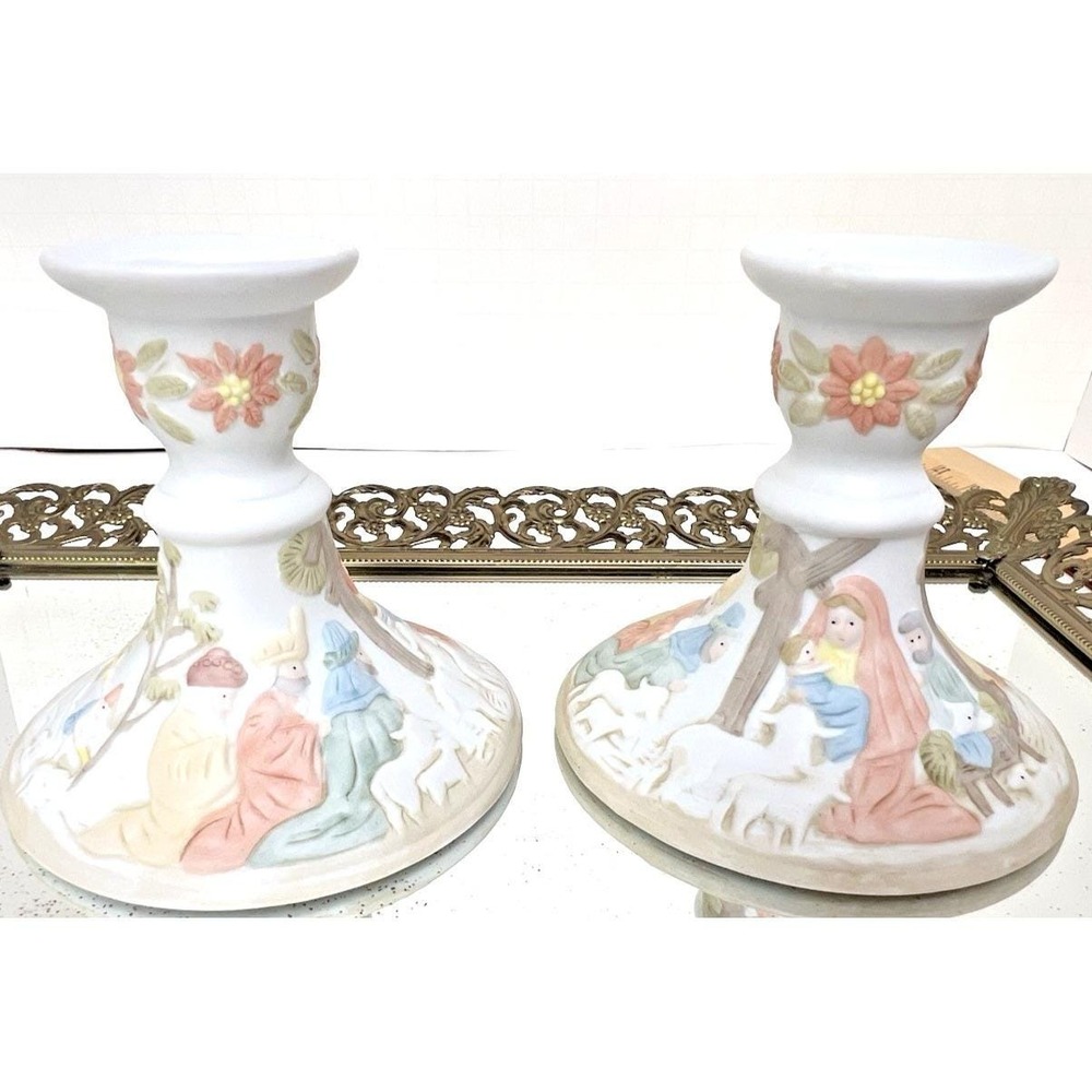 Vintage 1982 Lefton Nativity Candlestick Holders Set Porcelain Christmas